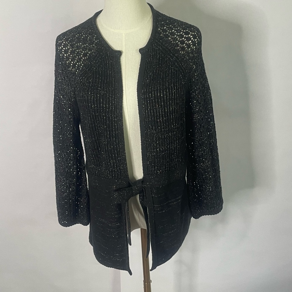 Tahari open knit tie front cardigan womens Size L 3/4 sleeve gold thread holiday